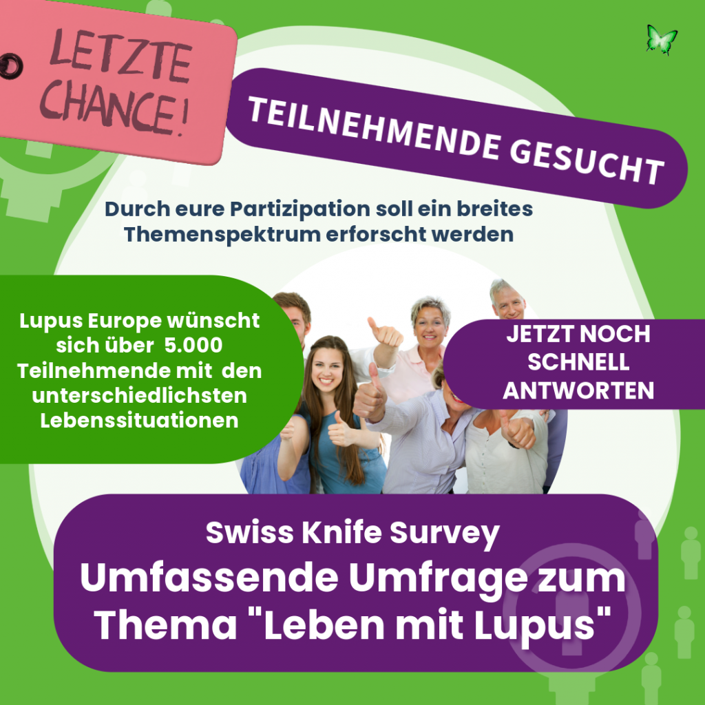 Aufruf zur Swiss Knife Survey. Eine Umfrage von Lupus Europe, die auch auf Deutsch verfügbar ist. 
